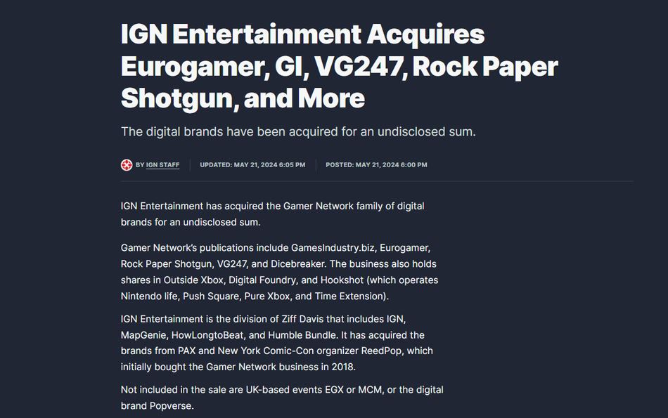 notizia ufficiale dell’acquisizione di Gamer Network da parte di IGN
