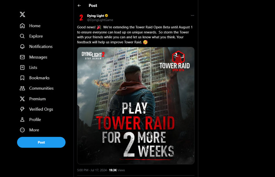 Techland annuncia l’estensione di Tower Raid su Dying Light 2, twitter(X)