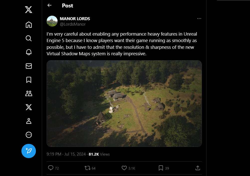 Manor Lords twitter parla di Unreal Engine 5