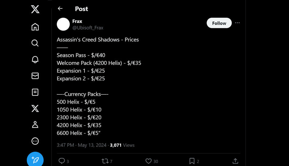 user Ubisoft_Frax leaks on Twitter for AC Shadows prices