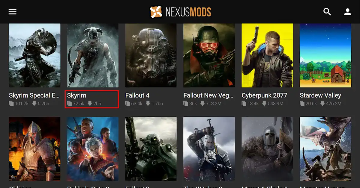 Nexus Mods homepage Skyrim 2 Billion Mod Downloads