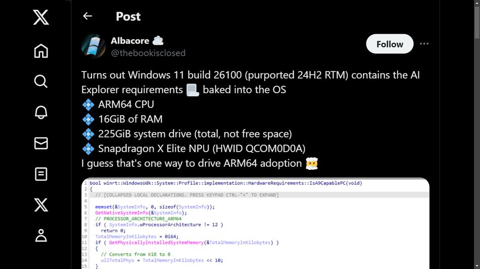 Il tweet dell’utente Albacore riguardo i requisiti AI di Windows 11